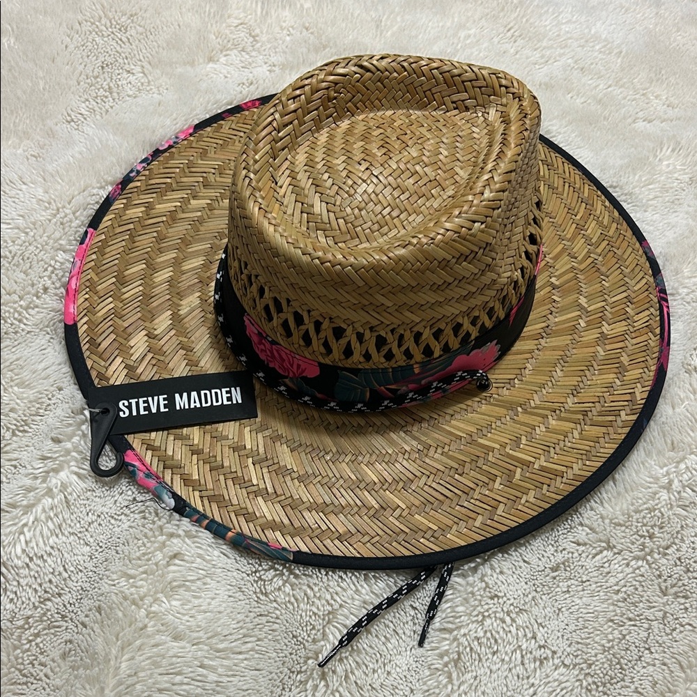 Steve Madden Brown Straw Hat with Pink Floral Band